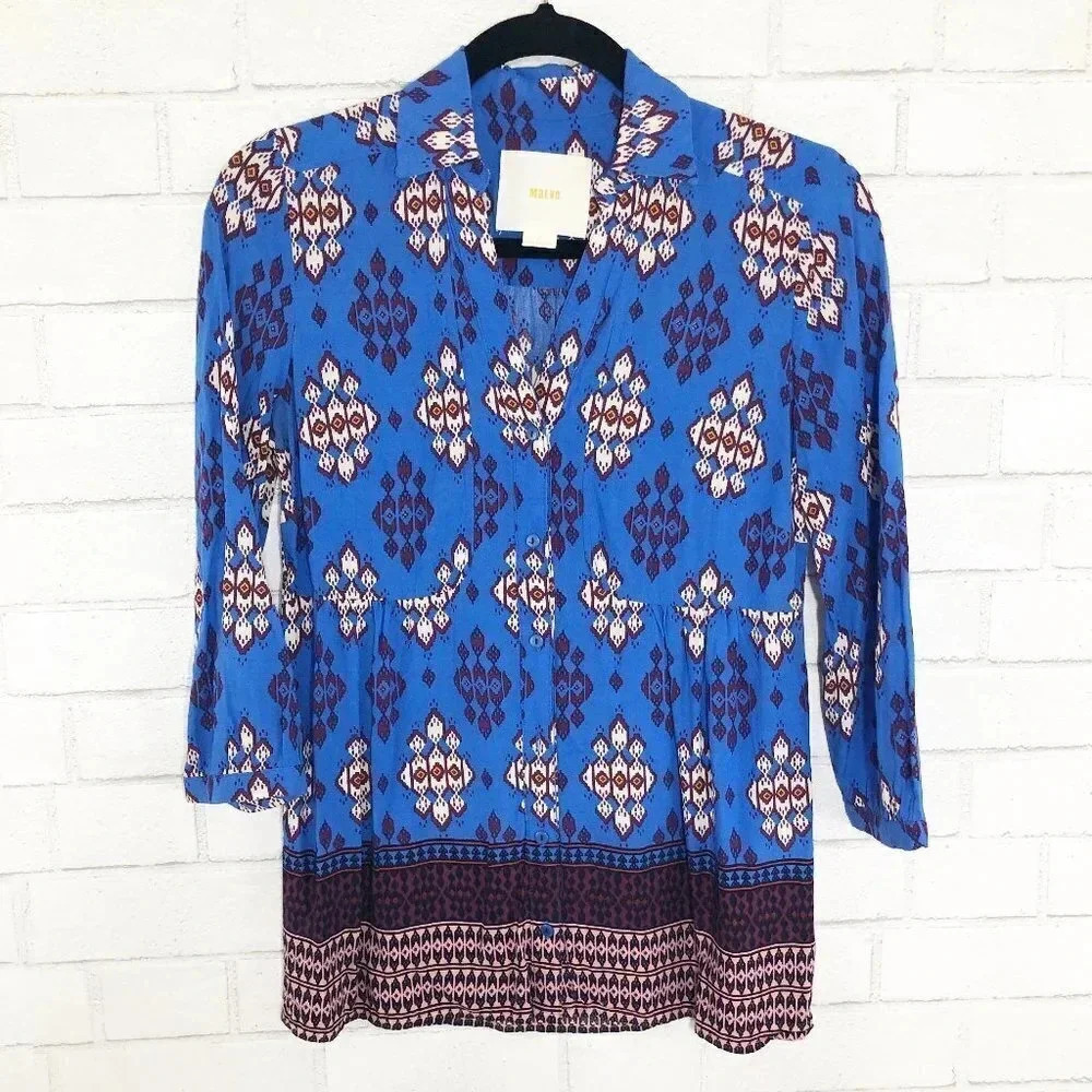 Maeve - Anthro Blue Ikat Tribal Button Front Shirt Women's Size 2